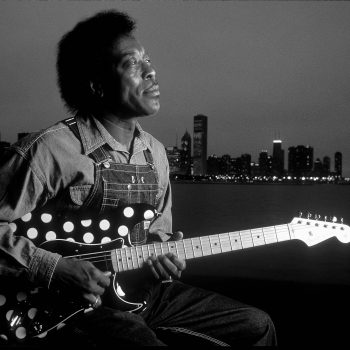 B&W portrait of blues musician Buddy Guy, Lake Michigan, Chicago, IL
