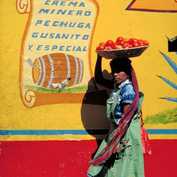 Woman vendor with basket of tomatoes on head against colorful wall at market, Oaxaca, Mexico
