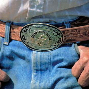 Prize belt buckle, cowboy at Arthur County Fair and Rodeo, Nebraska