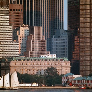 Sailboat and lower Manhattan skyline, NY, NY