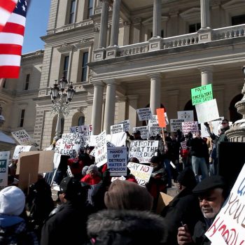 Protest at state capitol, Lansing, Michigan. Opening Our Eyes Movie.