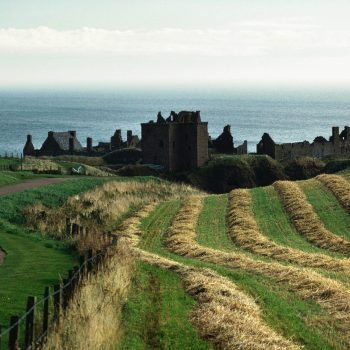 Fields and couple at Dunnottar Castle, Scotland